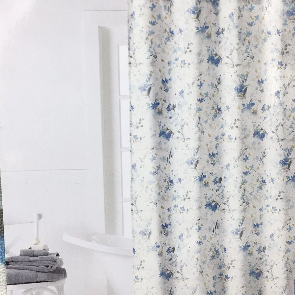 Ralph LAUREN Abstract Floral Fabric Shower Curtain Blue Gray Mustard Yellow NEW